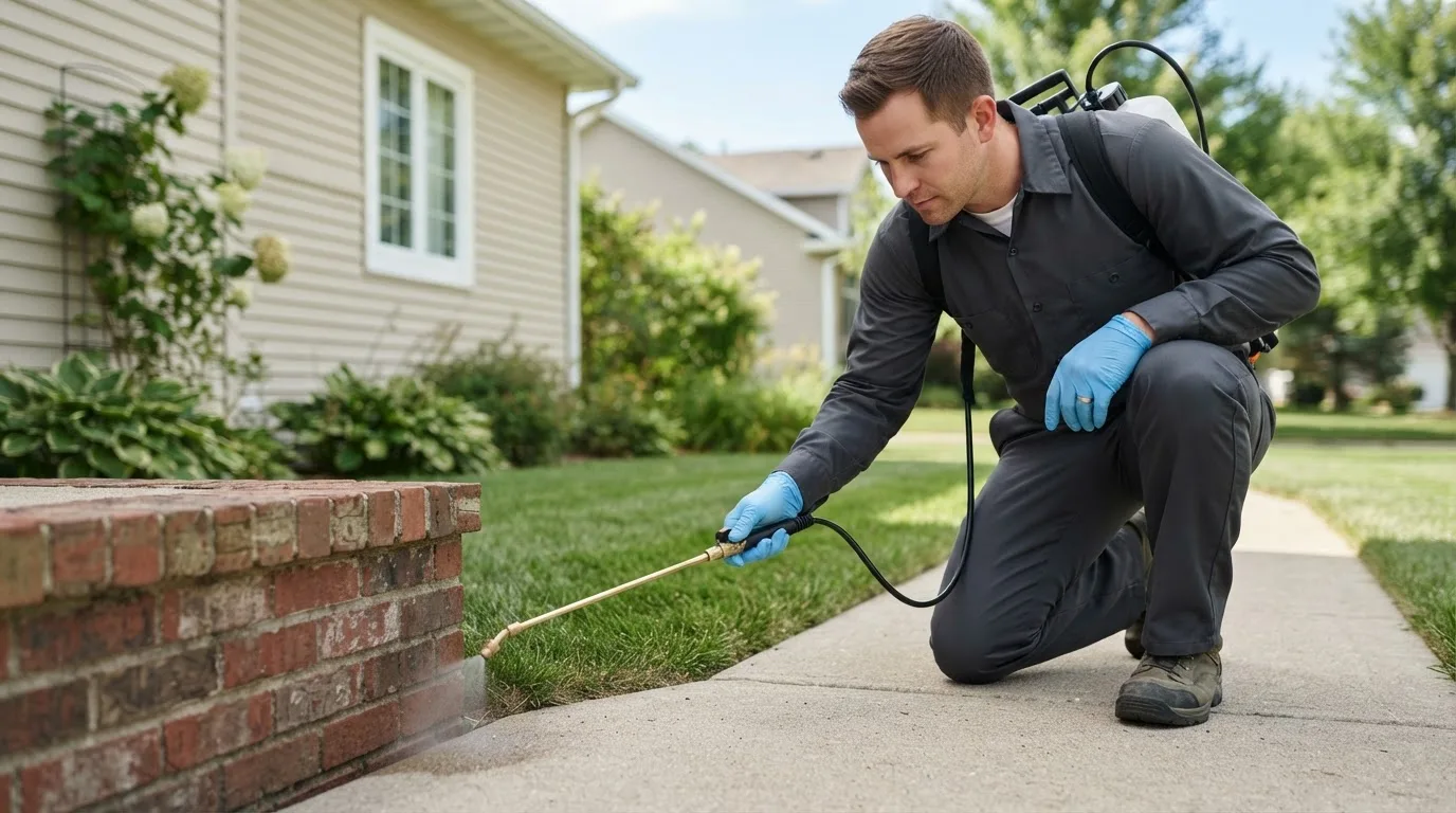 Pest control technician treating a home near Dallas, WI